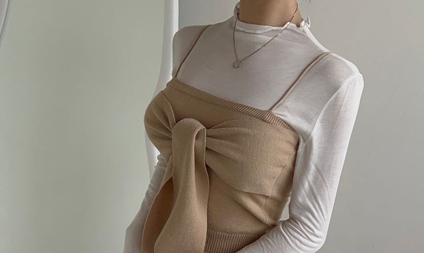 Set: Long-Sleeve Mock Neck Plain Top + Plain Bow Knit Camisole Top SpreePicky