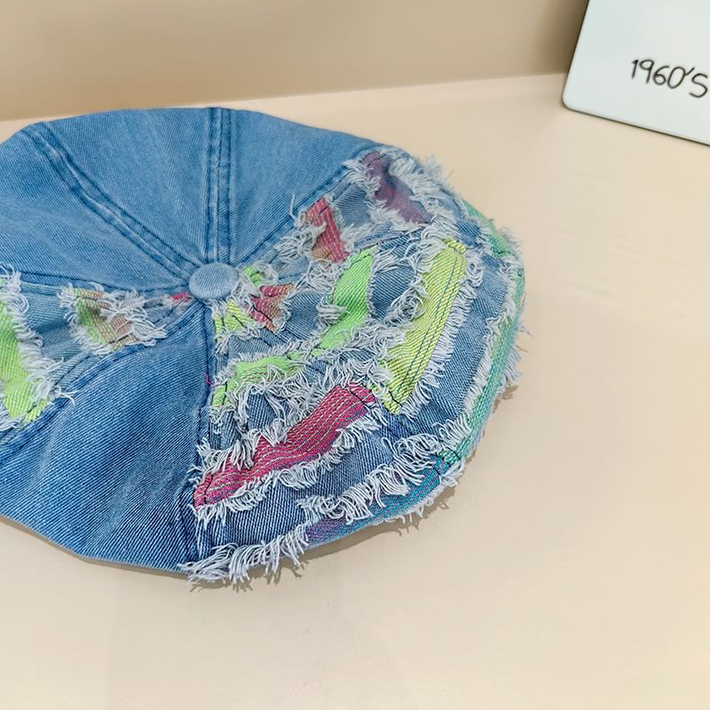 Striped Distressed Denim Beret Hat mySite