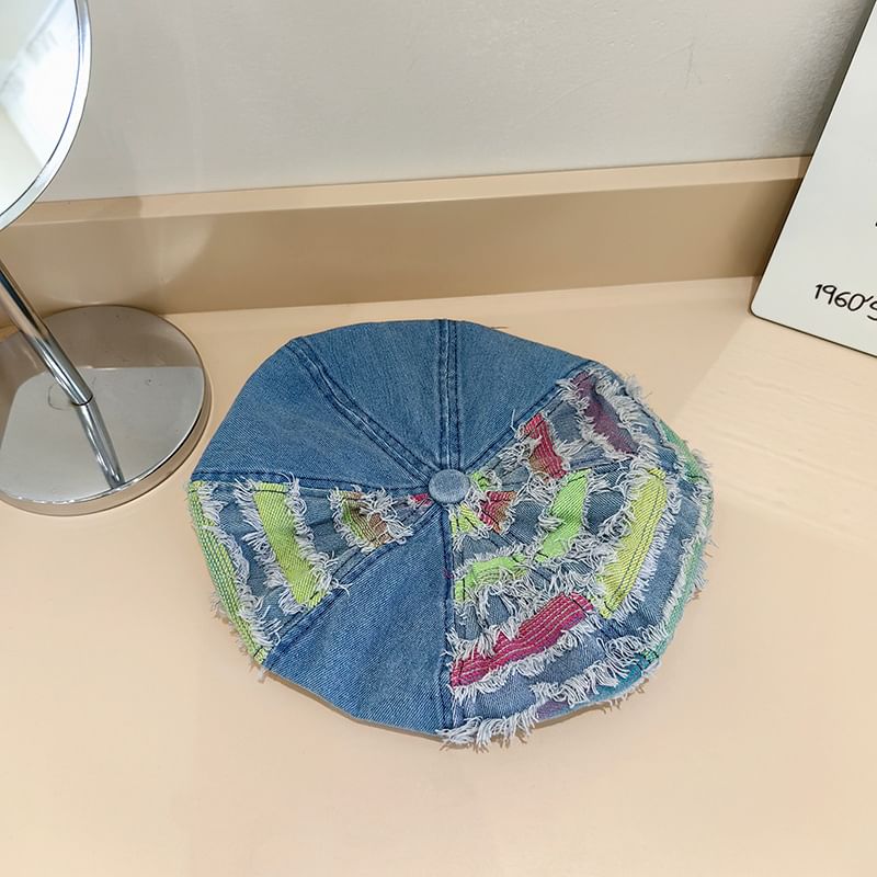 Striped Distressed Denim Beret Hat mySite