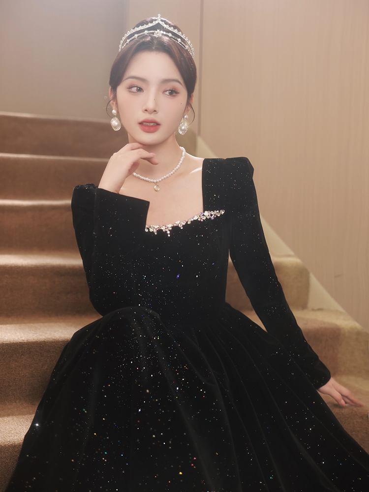 Long-Sleeve Square Neck Sequin A-Line Evening Gown SpreePicky