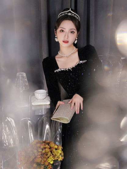 Long-Sleeve Square Neck Sequin A-Line Evening Gown SpreePicky