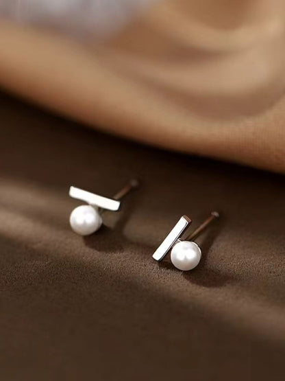 Faux Pearl Sterling Silver Bar Stud Earring SpreePicky