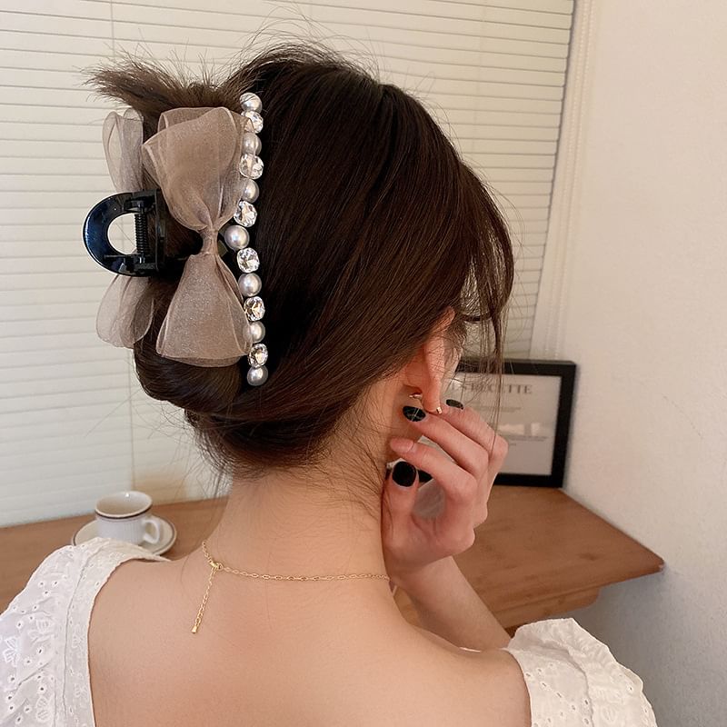 Faux Pearl Rhinestone Bow Hair Claw SpreePicky