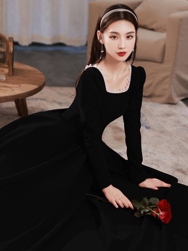 / A-Line Dress Long-Sleeve Square Neck Designs) (Various Plain Evening Gown FashionChic
