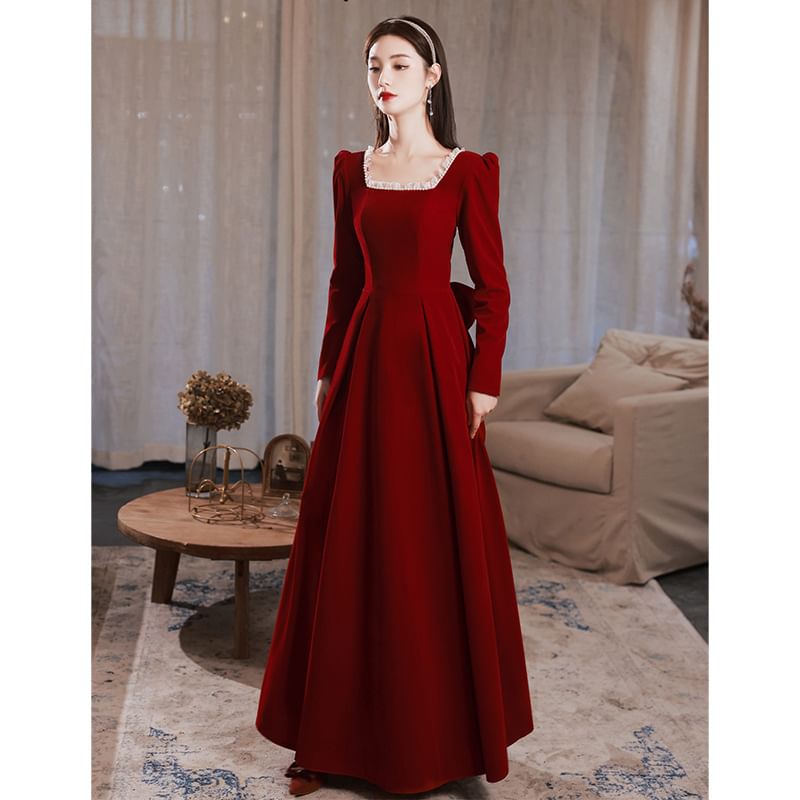 / A-Line Dress Long-Sleeve Square Neck Designs) (Various Plain Evening Gown FashionChic