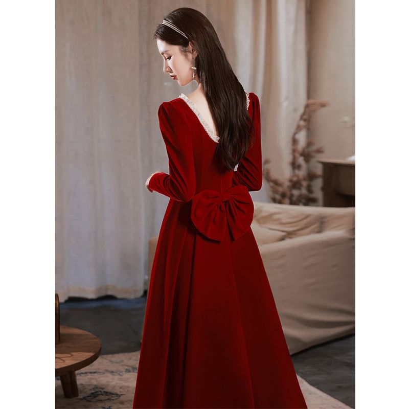 / A-Line Dress Long-Sleeve Square Neck Designs) (Various Plain Evening Gown FashionChic