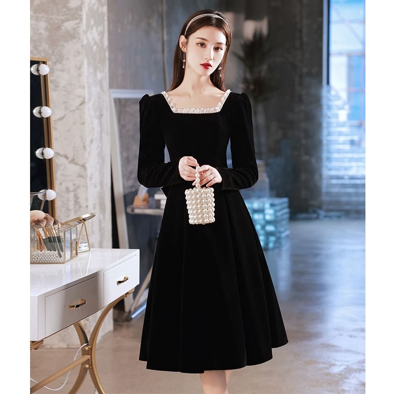 / A-Line Dress Long-Sleeve Square Neck Designs) (Various Plain Evening Gown FashionChic
