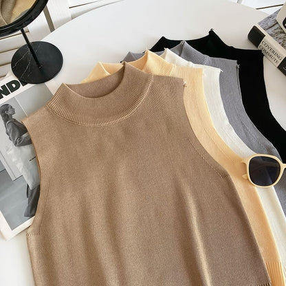 Mock Neck Plain Knit Tank Top mySite