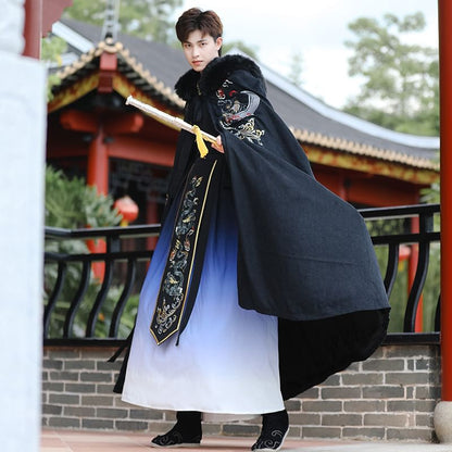 Embroidered Hanfu Top / High Waist Gradient Maxi Skirt / Hooded Fluffy Trim Cloak / Set SpreePicky