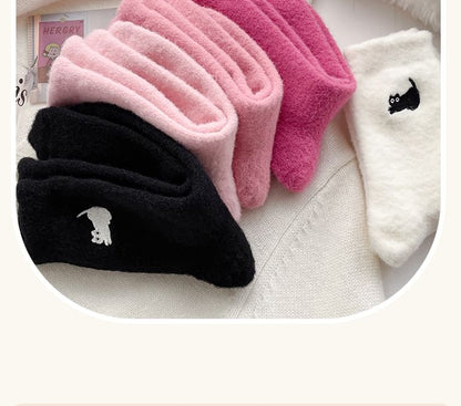 Cat Embroidered Fleece Short Socks / Set SpreePicky