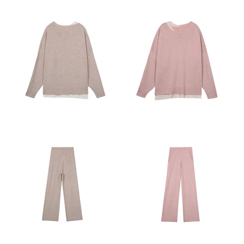 High Leg T-Shirt Set: Neck Long-Sleeve Crew Two-Tone Waist Pants + Wide FashionChic