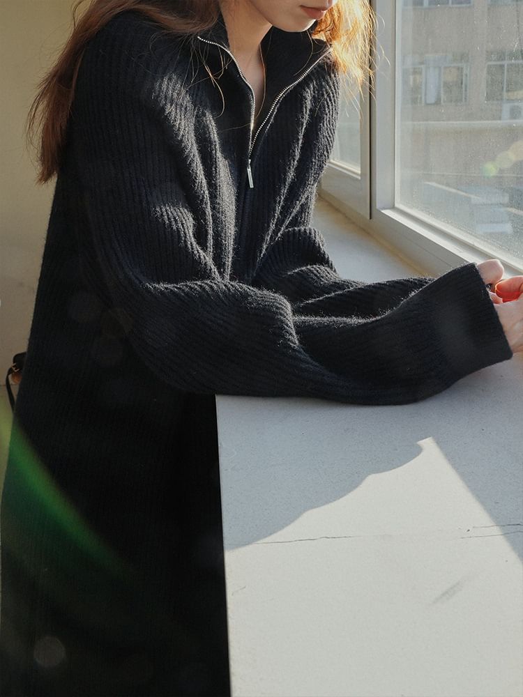 Half-Zip Long-Sleeve Midi Dress Sweater Ribbed Plain FashionChic