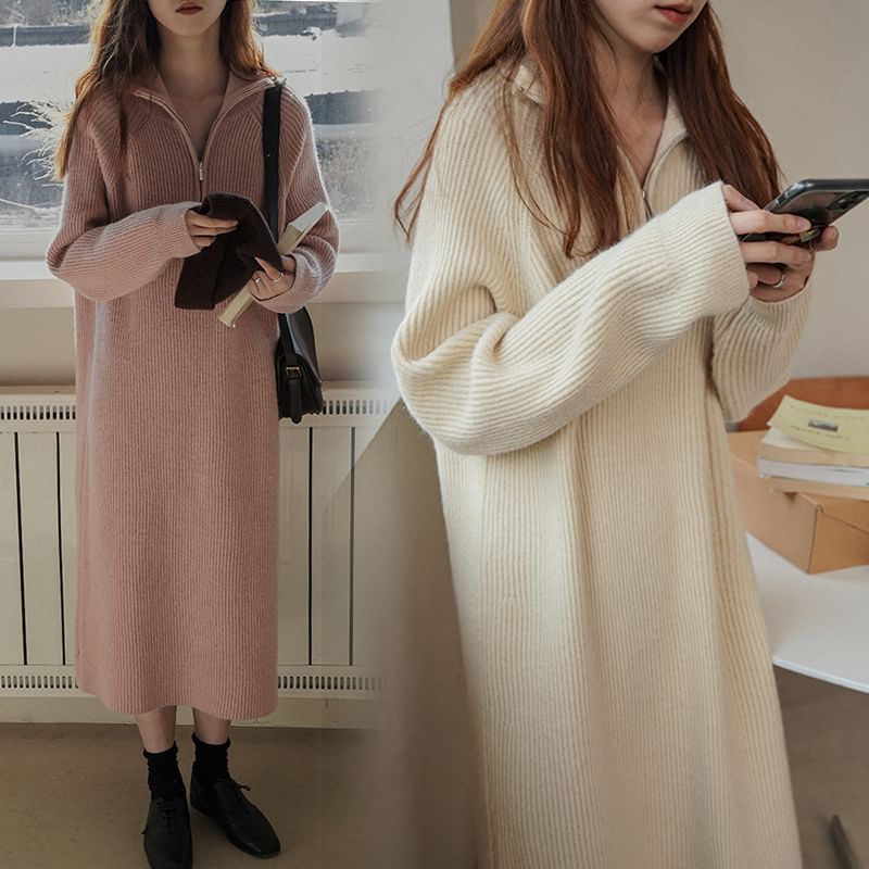 Half-Zip Long-Sleeve Midi Dress Sweater Ribbed Plain FashionChic