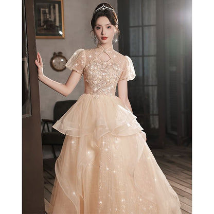 Puff-Sleeve Stand Collar Star Print Sequin Faux Pearl Accent Cutout A-Line Evening Gown SpreePicky