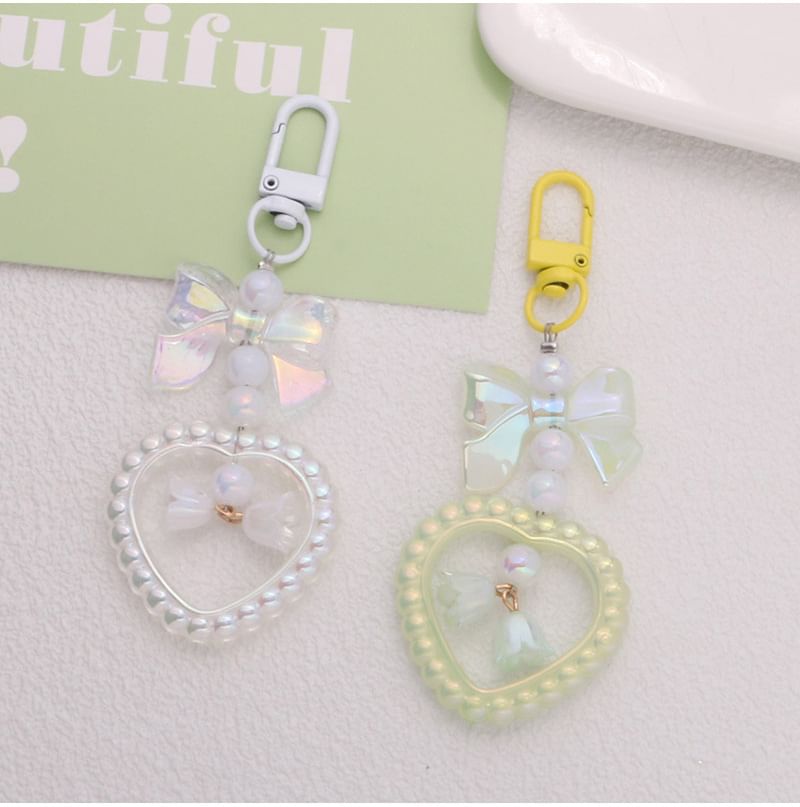 Bow Heart Faux Pearl Acrylic Bag Charm Keyring SpreePicky