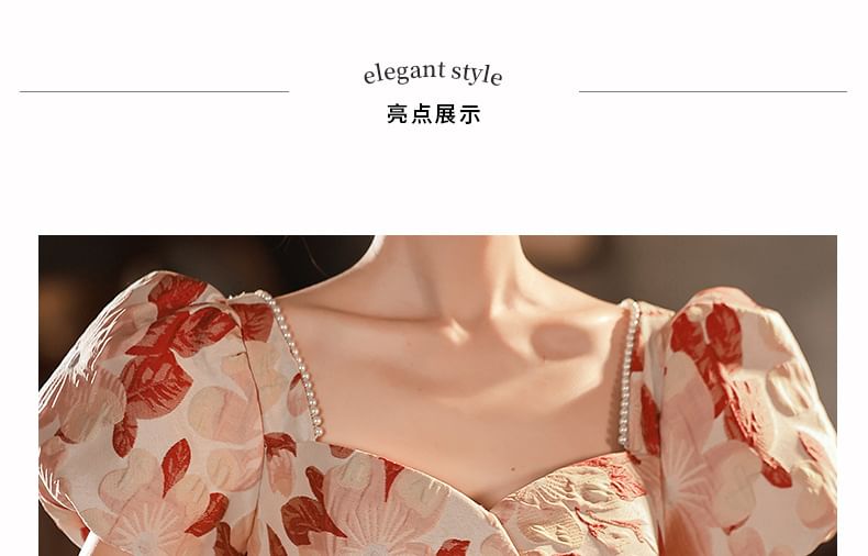 Puff Sleeve Square Neck Floral Jacquard Midi A-Line Cocktail Dress / Evening Gown SpreePicky