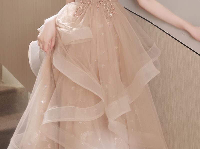 Short-Sleeve Collared Sequin Bow Ruffle Mesh A-Line Evening Gown SpreePicky