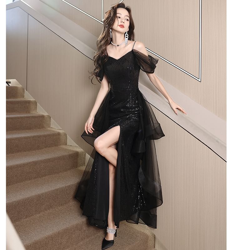 Short-Sleeve Cold Shoulder Plain Sequin Ruffle Slit Mesh A-Line Evening Gown SpreePicky