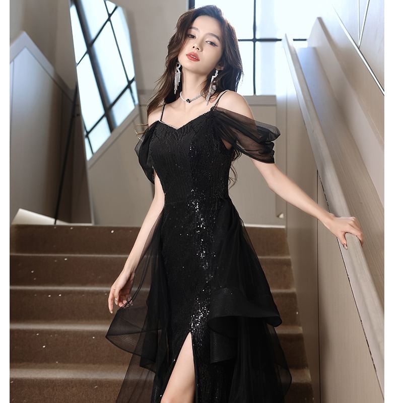 Short-Sleeve Cold Shoulder Plain Sequin Ruffle Slit Mesh A-Line Evening Gown SpreePicky