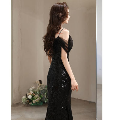 Short-Sleeve Cold Shoulder Plain Sequin Ruffle Slit Mesh A-Line Evening Gown SpreePicky