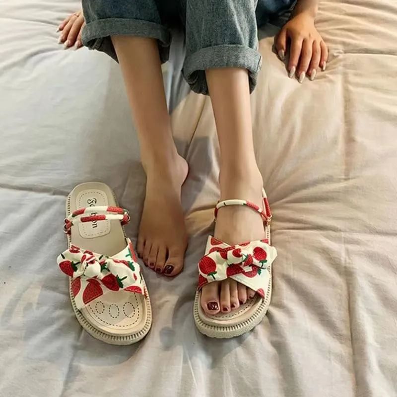 Platform Fruit Print Bow Slide Sandals SpreePicky