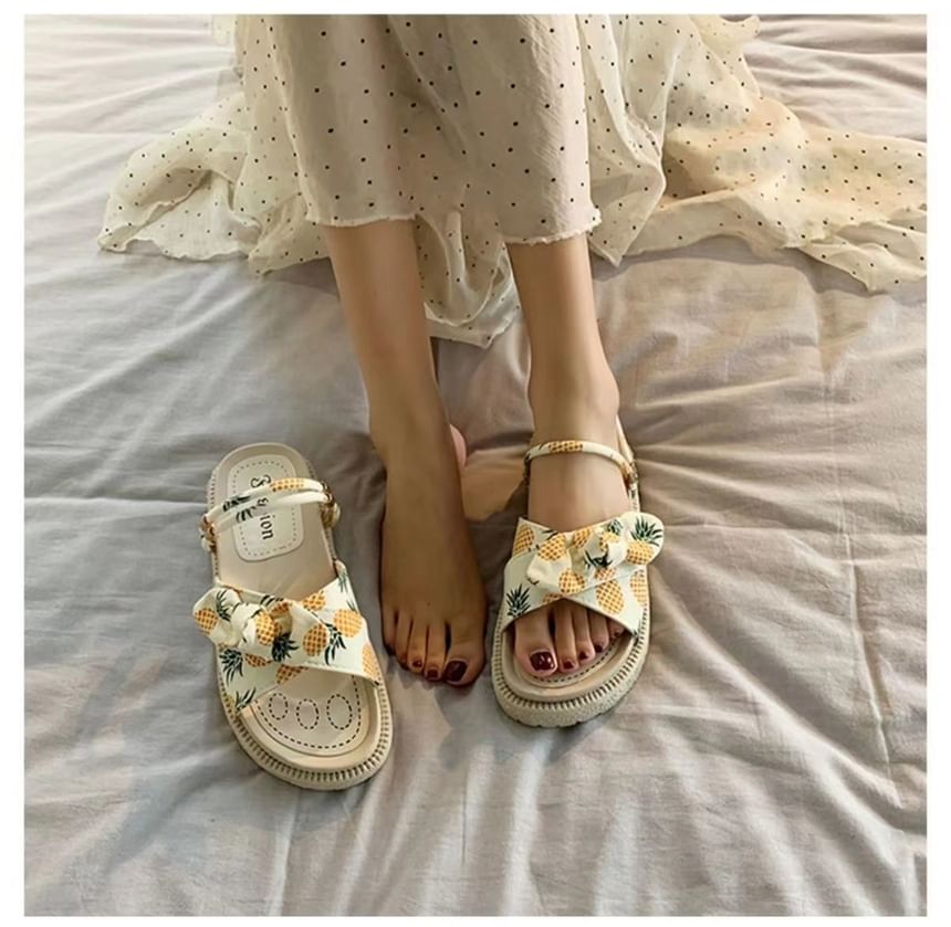 Platform Fruit Print Bow Slide Sandals SpreePicky