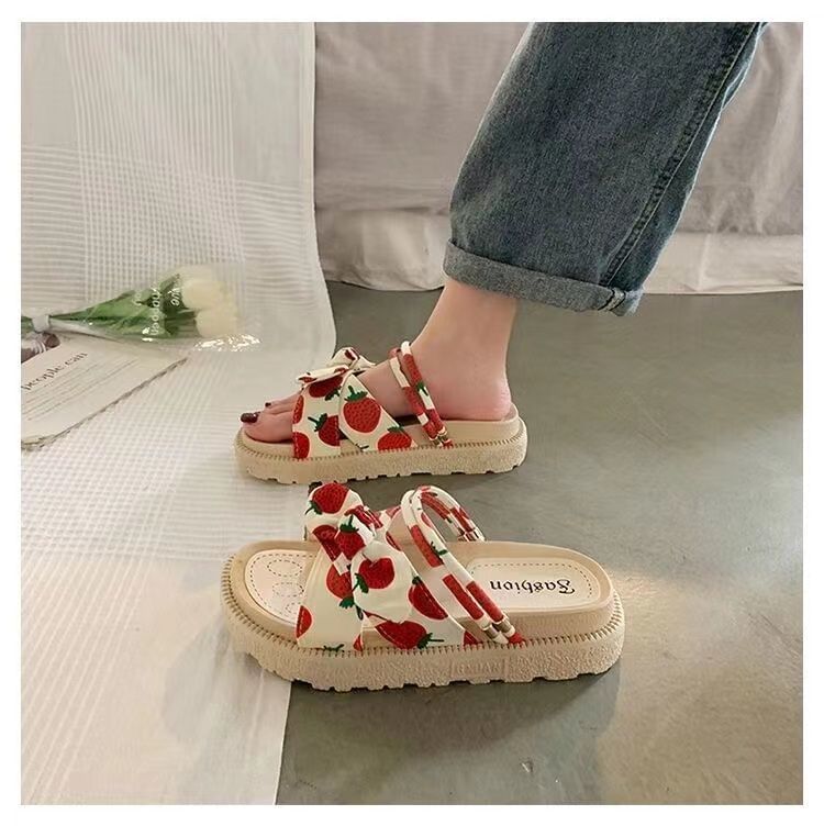 Platform Fruit Print Bow Slide Sandals SpreePicky