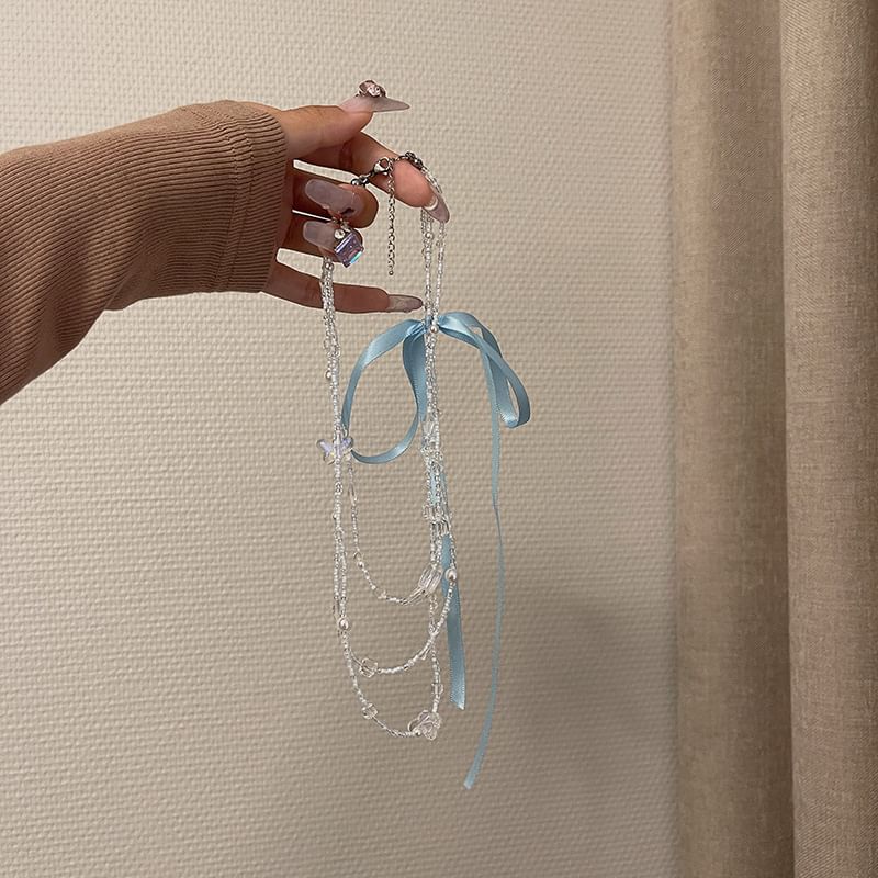 Layered Butterfly Bead Necklace Ribbon FashionChic