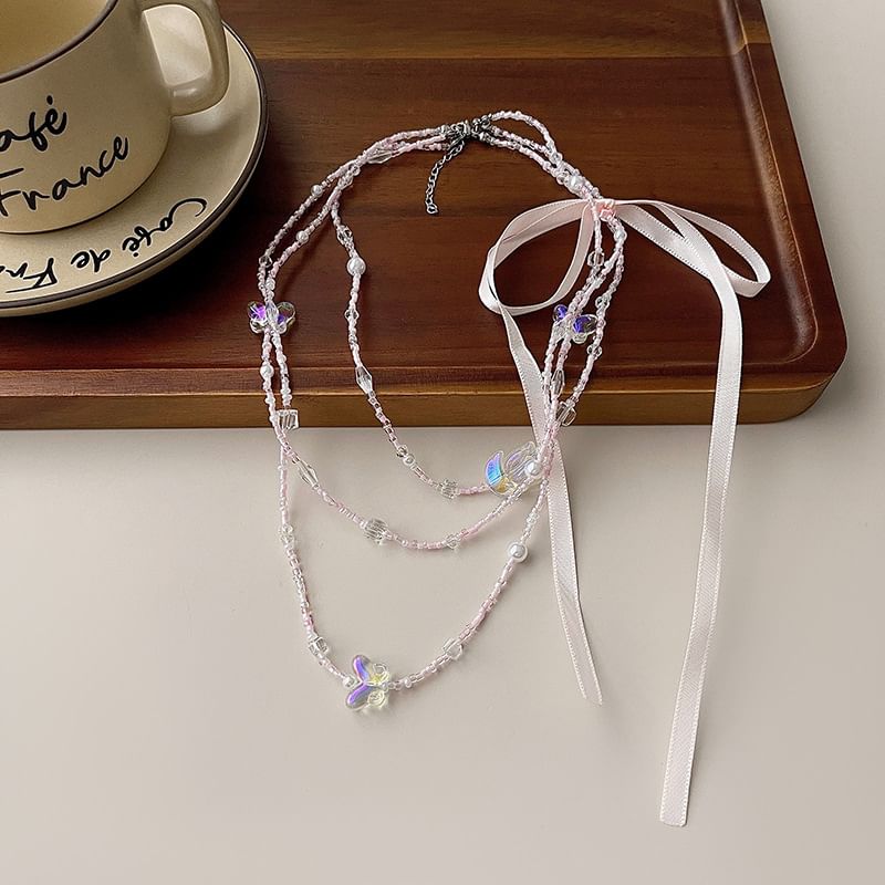 Layered Butterfly Bead Necklace Ribbon FashionChic