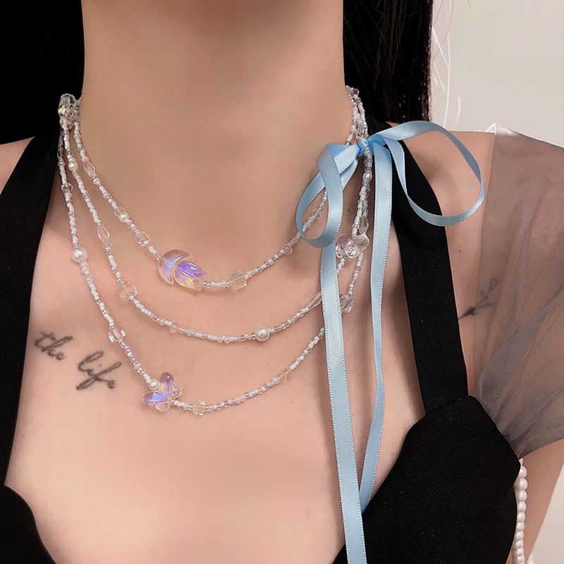 Layered Butterfly Bead Necklace Ribbon FashionChic