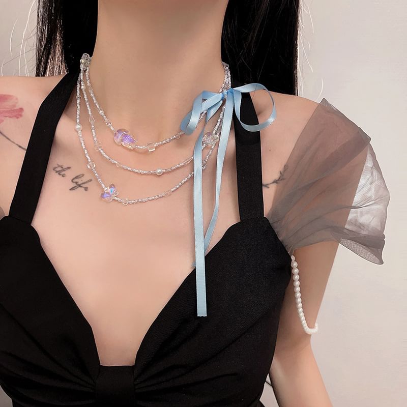 Layered Butterfly Bead Necklace Ribbon FashionChic