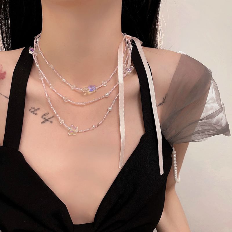 Layered Butterfly Bead Necklace Ribbon FashionChic