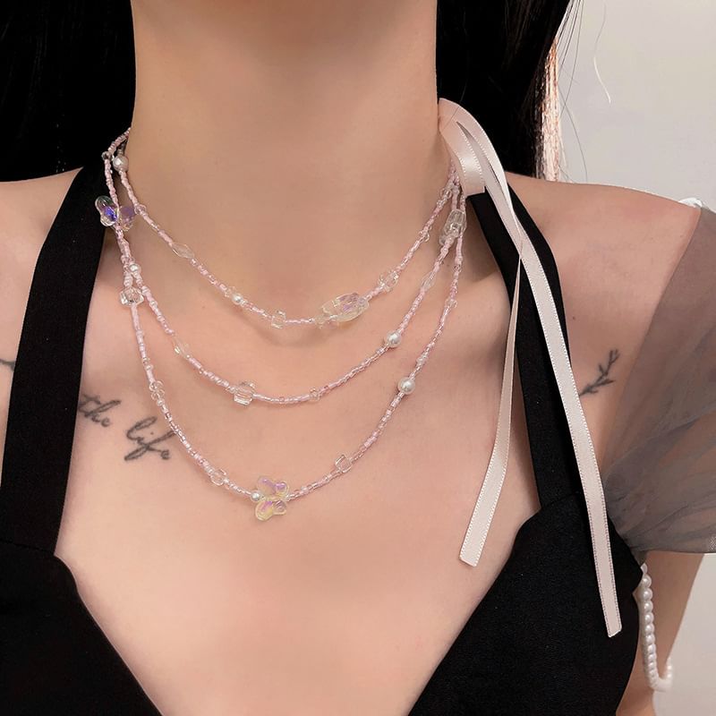 Layered Butterfly Bead Necklace Ribbon FashionChic