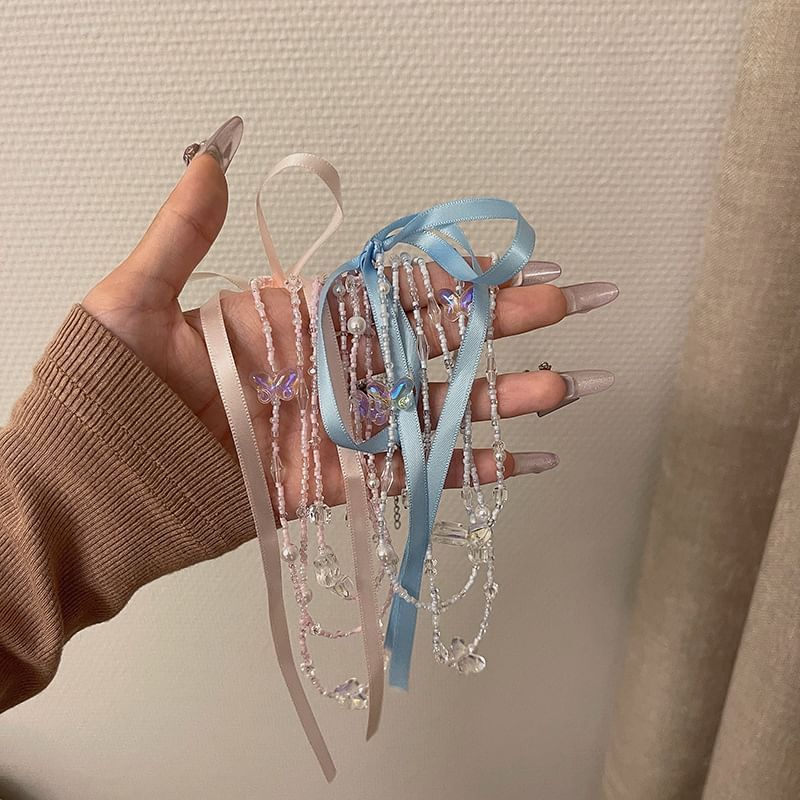 Layered Butterfly Bead Necklace Ribbon FashionChic