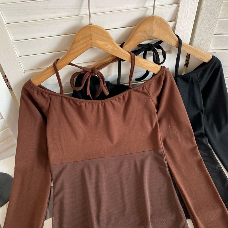 Long-Sleeve Halter Off-Shoulder Mesh Panel T-Shirt mySite