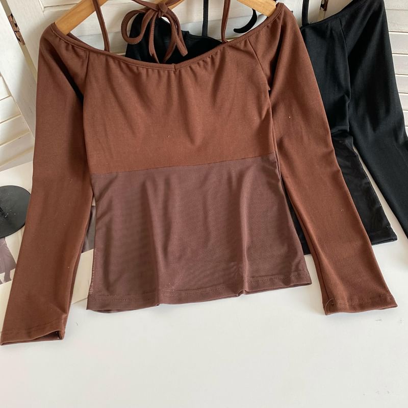 Long-Sleeve Halter Off-Shoulder Mesh Panel T-Shirt mySite