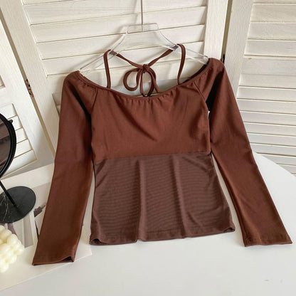 Long-Sleeve Halter Off-Shoulder Mesh Panel T-Shirt mySite