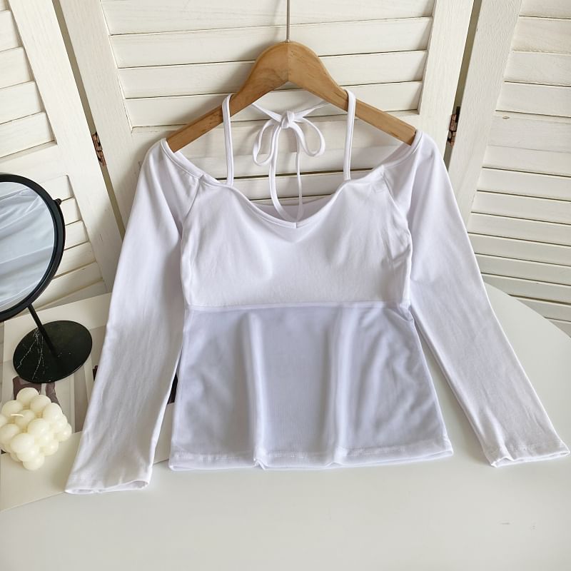 Long-Sleeve Halter Off-Shoulder Mesh Panel T-Shirt mySite