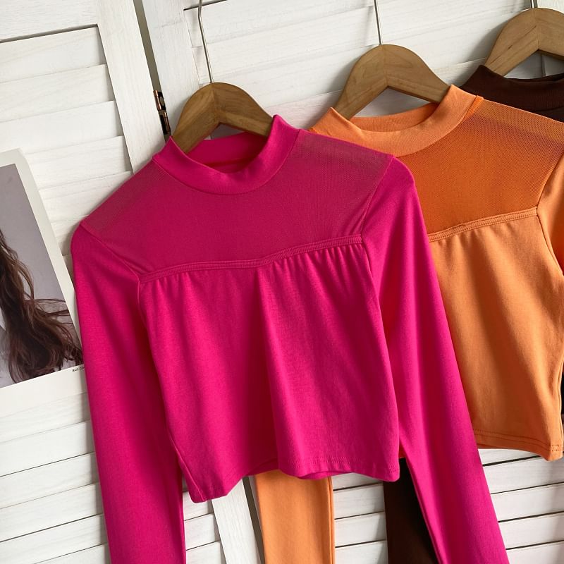 Long-Sleeve Crew Neck Plain Mesh Panel Crop T-Shirt mySite