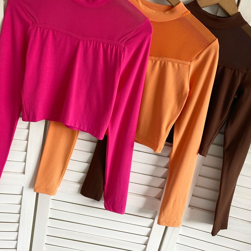 Long-Sleeve Crew Neck Plain Mesh Panel Crop T-Shirt mySite