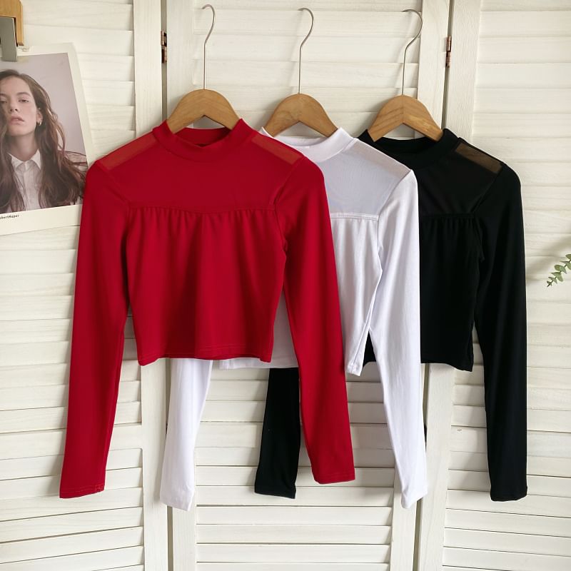 Long-Sleeve Crew Neck Plain Mesh Panel Crop T-Shirt mySite