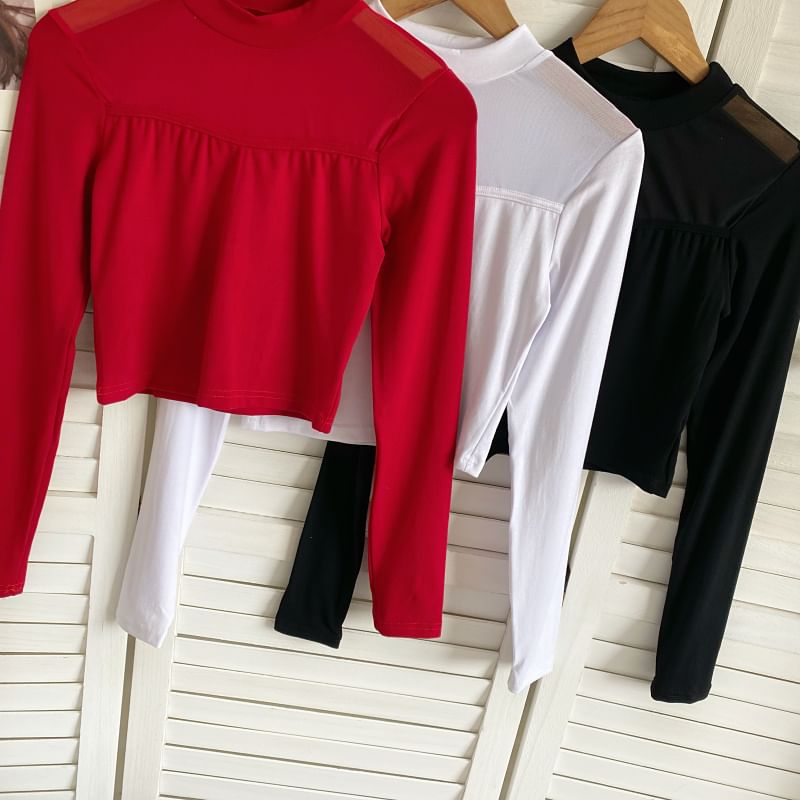 Long-Sleeve Crew Neck Plain Mesh Panel Crop T-Shirt mySite