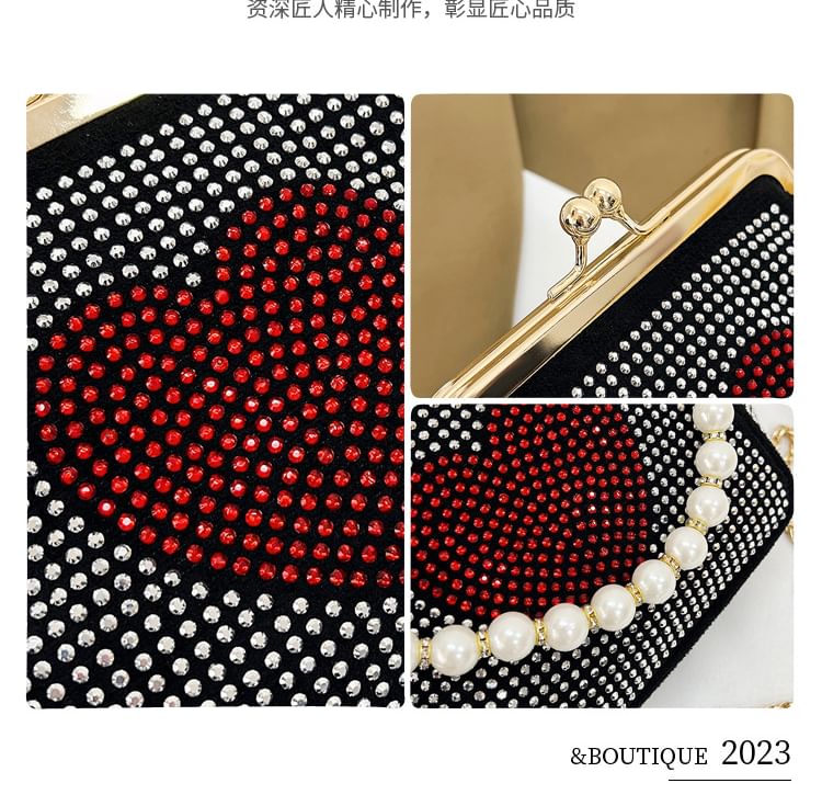 Heart Patterned Rhinestone Kiss Lock Faux Pearl Handle Evening Bag SpreePicky