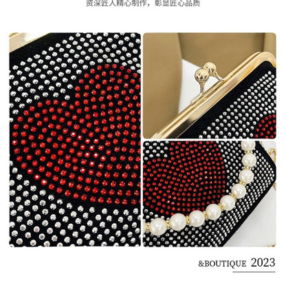 Heart Patterned Rhinestone Kiss Lock Faux Pearl Handle Evening Bag SpreePicky