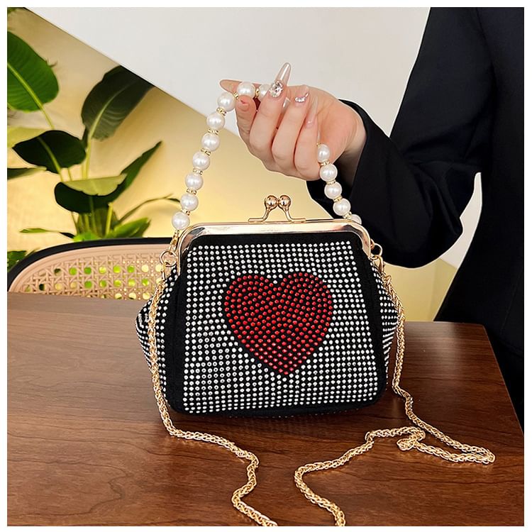 Heart Patterned Rhinestone Kiss Lock Faux Pearl Handle Evening Bag SpreePicky