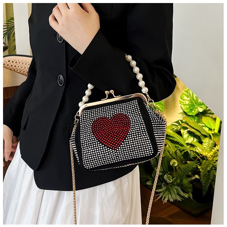 Heart Patterned Rhinestone Kiss Lock Faux Pearl Handle Evening Bag SpreePicky