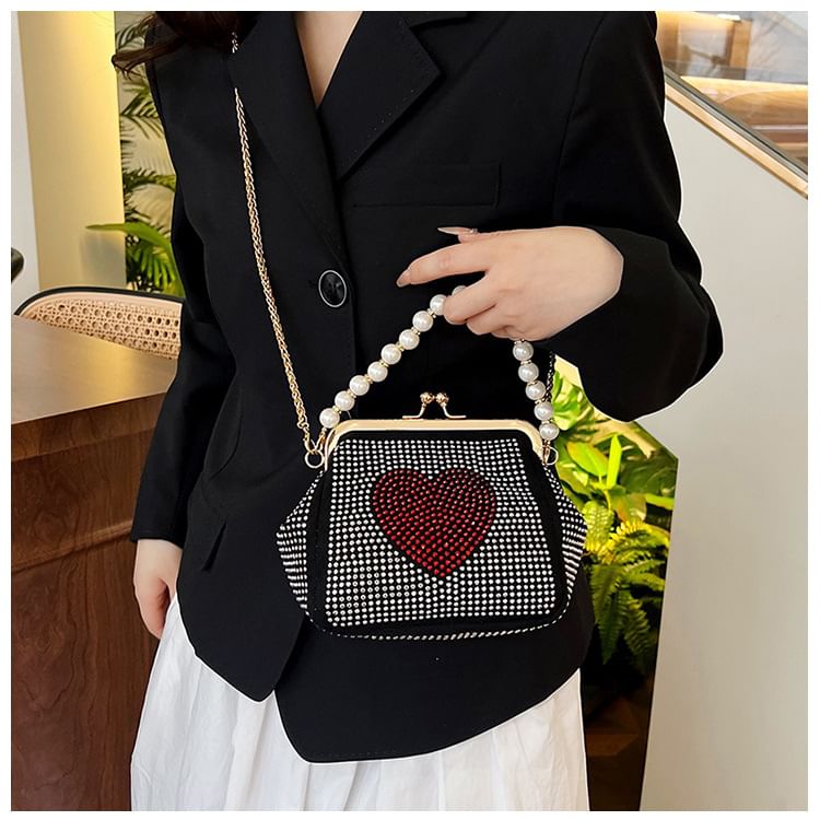 Heart Patterned Rhinestone Kiss Lock Faux Pearl Handle Evening Bag SpreePicky