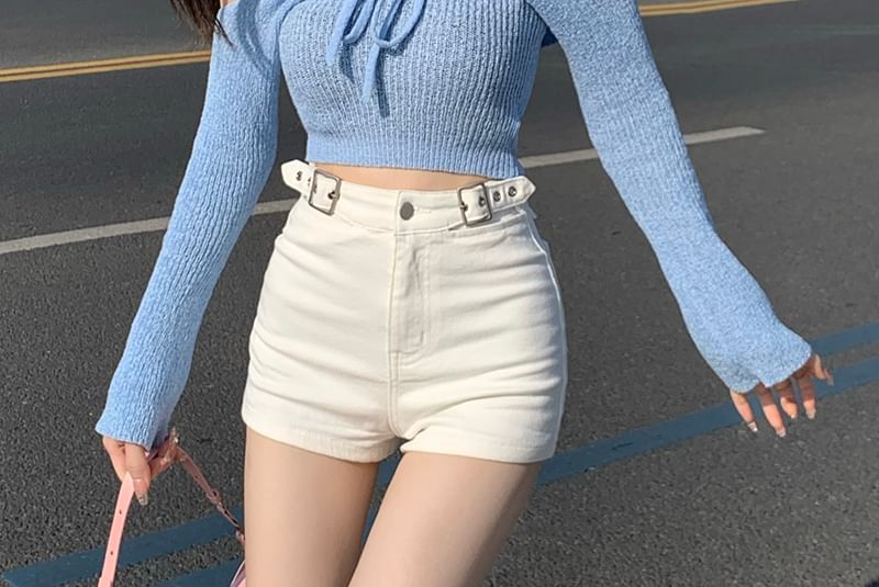 High Waist Plain Denim Shorts SpreePicky