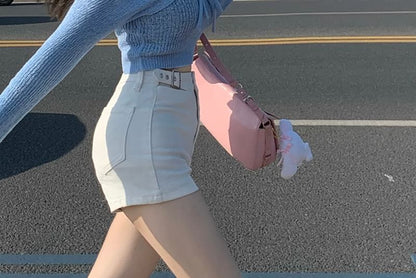 High Waist Plain Denim Shorts SpreePicky