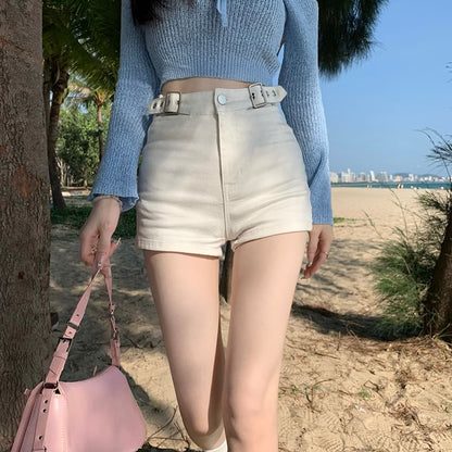 High Waist Plain Denim Shorts SpreePicky